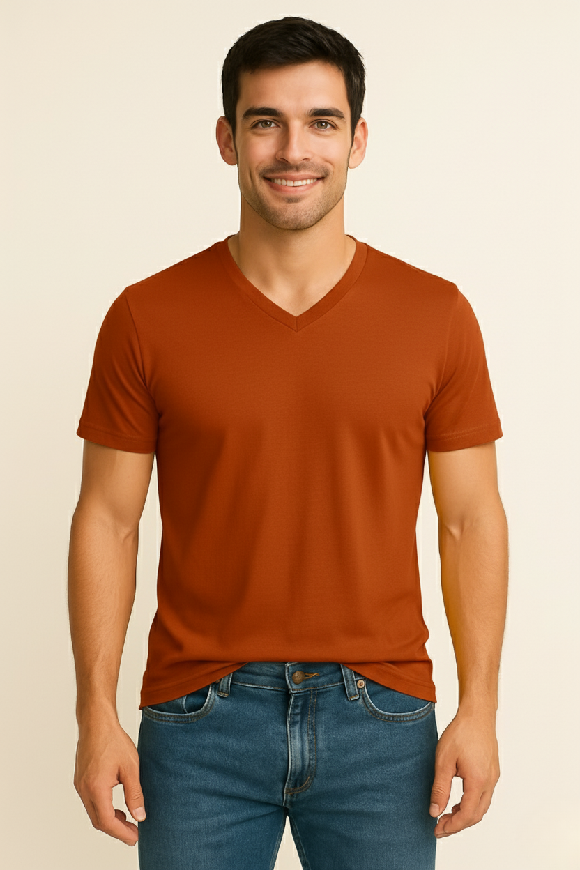 Dark Orange V Neck T Shirt