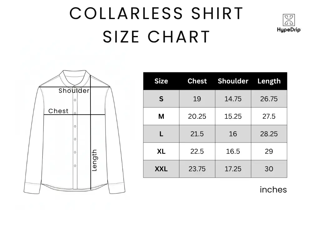 COLLARLESS SHIRT size chart INCHES.webp